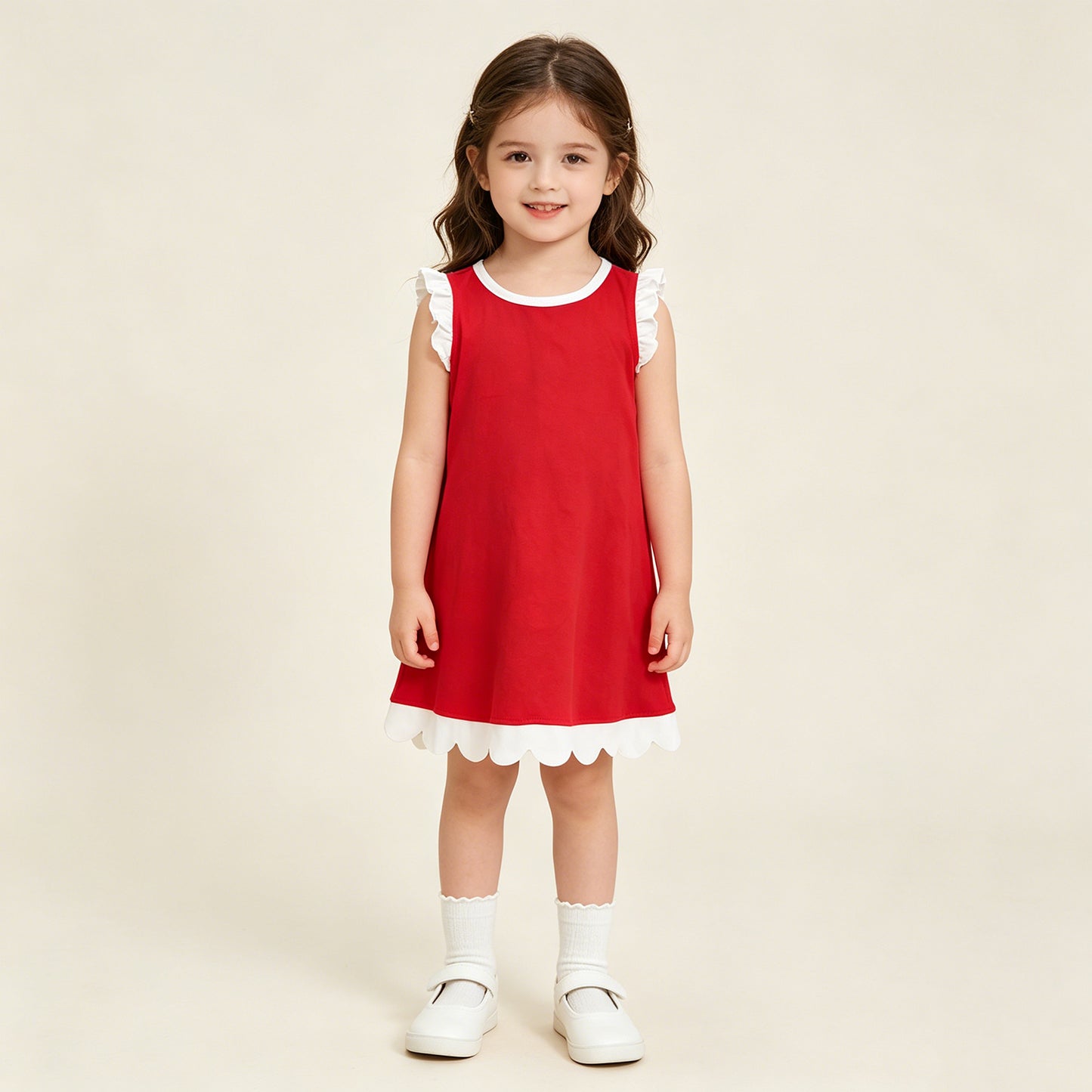 RTS NO MOQ cotton GSD4047 Baby Girls Red White Sleeveless Scallop Edge Knee Length Dress