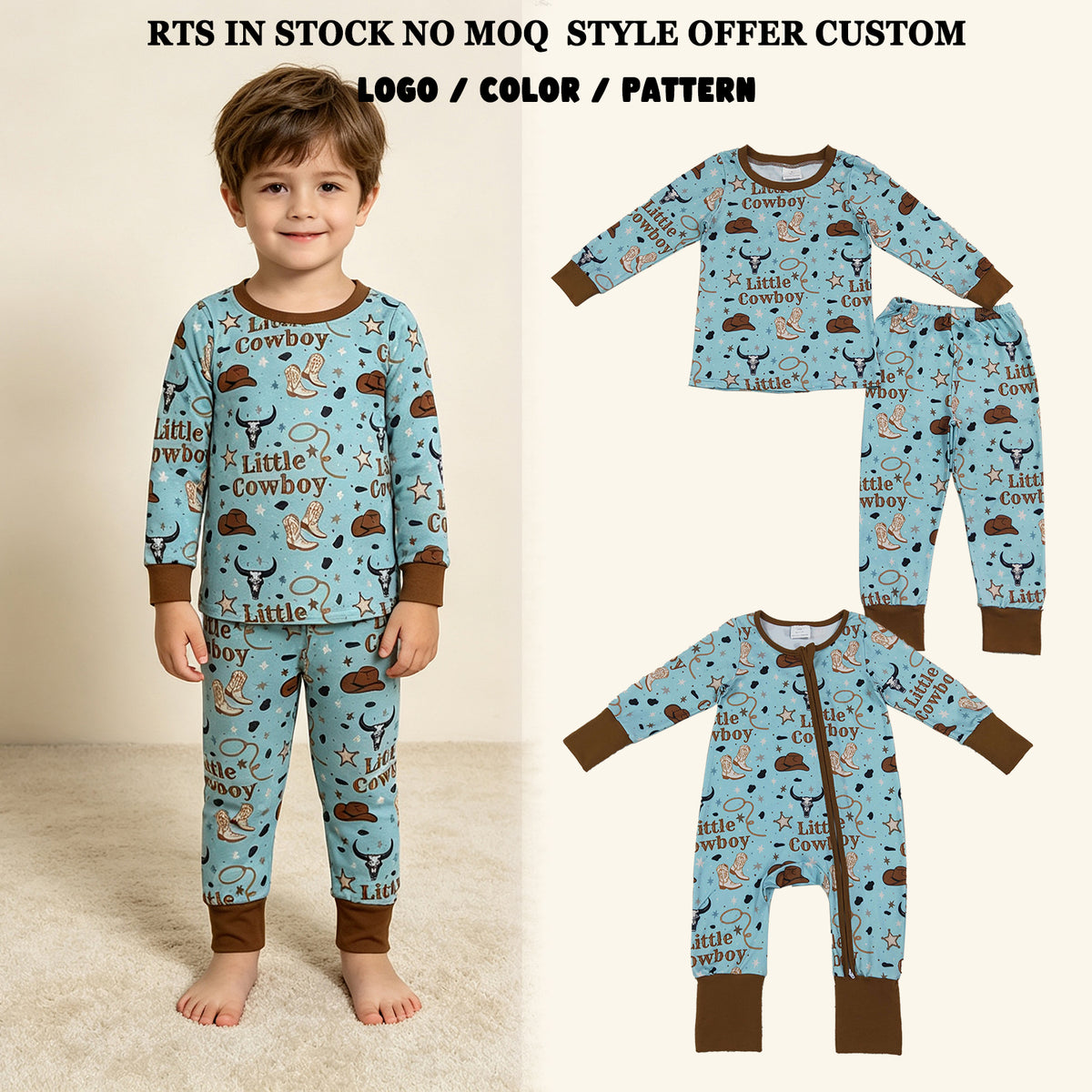 RTS NO MOQ Sibling milk silk Baby Boys Cowboy Print Zipper Romper And Long Sleeve Top Pants Pajamas Set