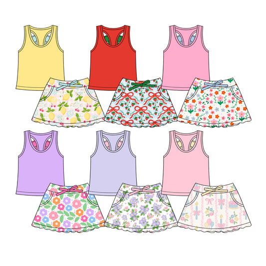 4.9  Custom moq 5 mix size Sibling Baby Girl's Vests Bow Flowers Scallop Pockets Skirt Shorts Sets