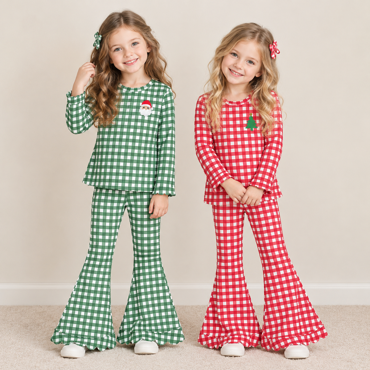 RTS NO MOQ Sibling milk silk Baby Girls Christmas Gingham Santa Tree Embroidery Top Scallop Bell Bottom Pants Set