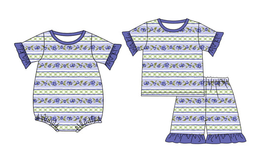 Custom moq 5 mix size Sibling blue Short-Sleeved Baby Girl Pajama Set with Top And Shorts Romper for Little Ones