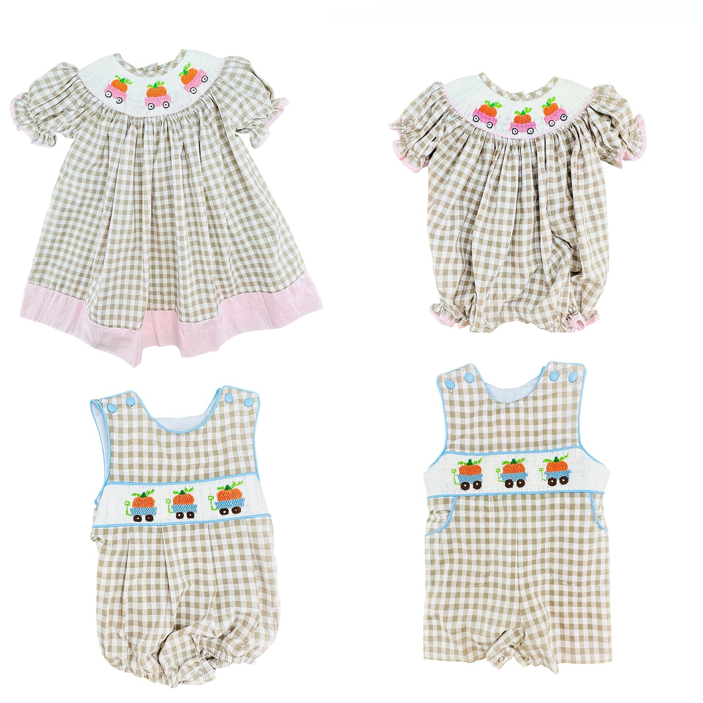(Pre Order) No moq Baby Girls Khaki Checked Pumpkin Truck Print Long Sleeve Ruffle Knee Length Dresses Rompers