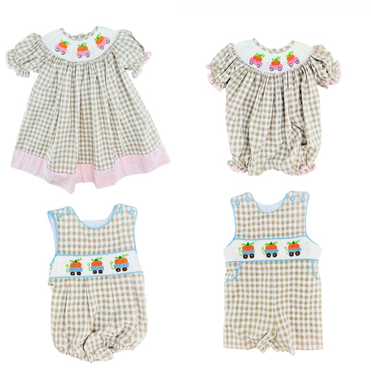 (Preorder new) No moq Baby Girls Khaki Checked Pumpkin Truck Print Long Sleeve Ruffle Knee Length Dresses Rompers