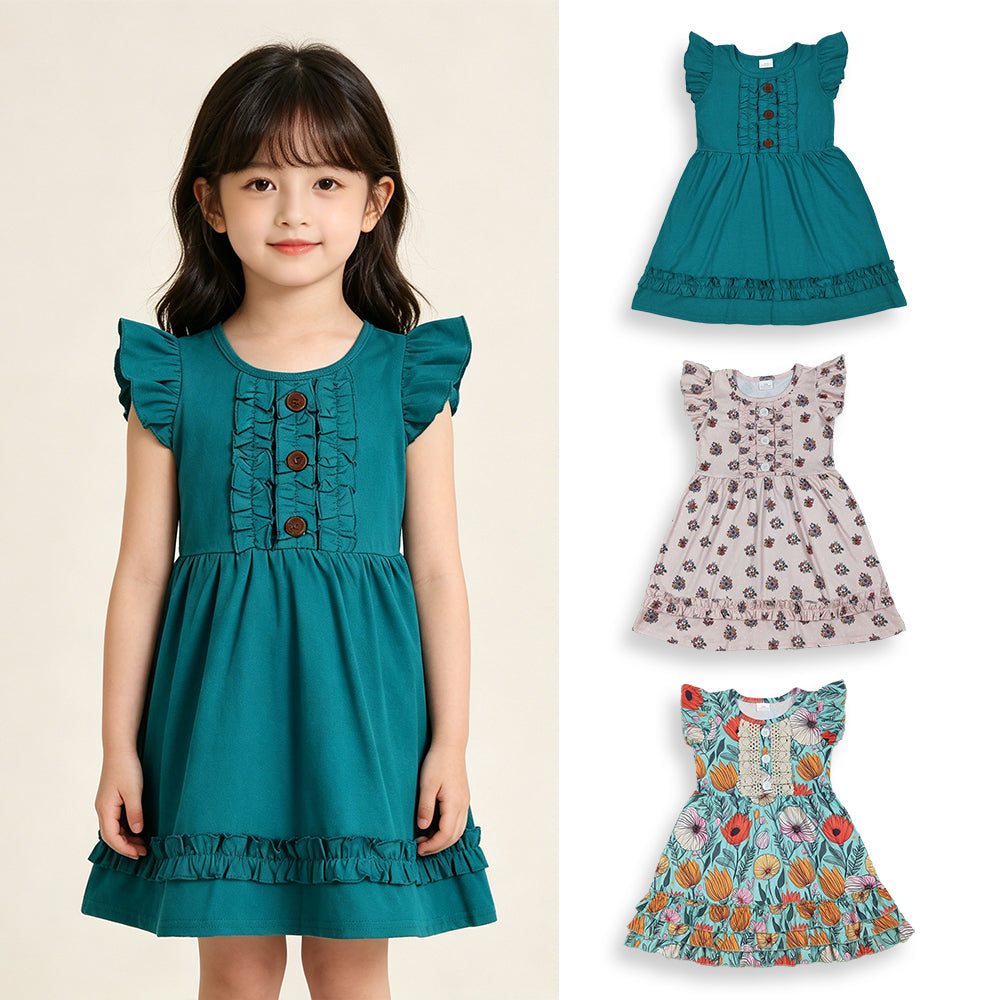 RTS NO MOQ Sibling Baby Girls Flowers Flutter Sleeves Knee-Length Dress