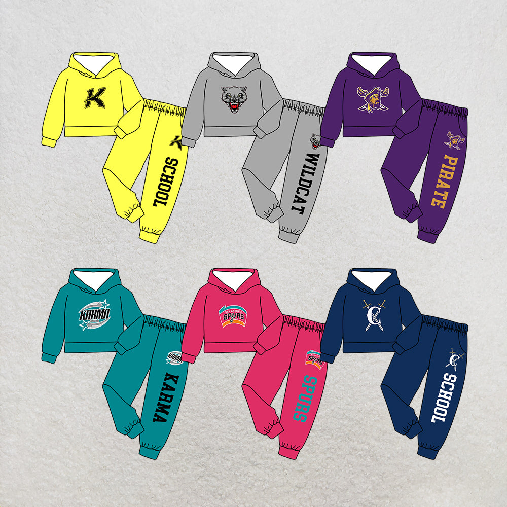 custom moq 5 mix size MSD072206 Baby Kids Letter Print Long Sleeve Hooded Top Matching Trousers Two Piece Team Clothes Set