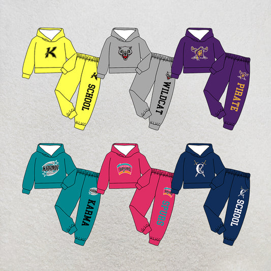 custom moq 5 mix size MSD072206 Baby Kids Letter Print Long Sleeve Hooded Top Matching Trousers Two Piece Team Clothes Set