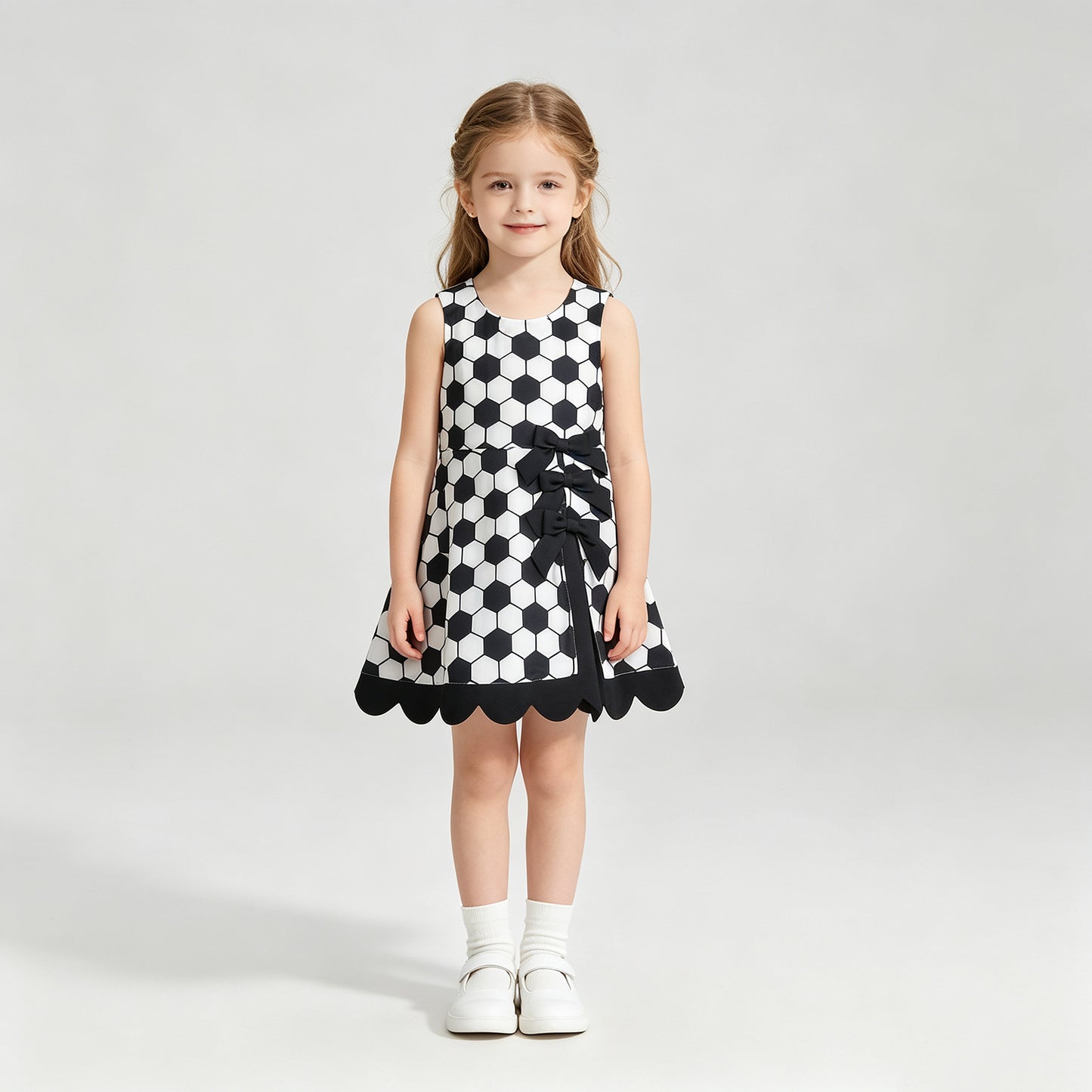 NEW RTS NO MOQ GSD4102 Yoga Baby Girls Cute Summer Football Team Checked Scallop Edge Knee Length Dress