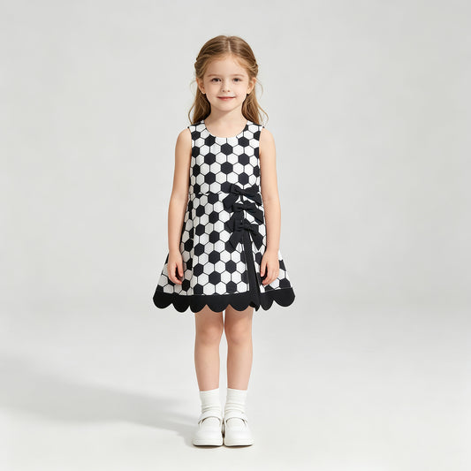 NEW RTS NO MOQ GSD4102 Yoga Baby Girls Cute Summer Football Team Checked Scallop Edge Knee Length Dress