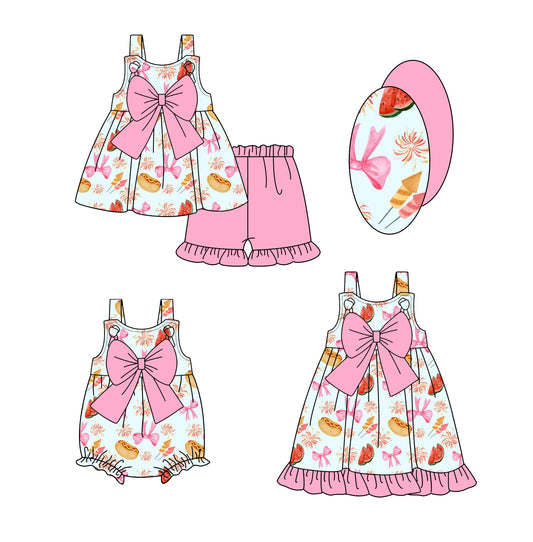 2.15 custom each style moq 5eta 4-6week Sibling Sisters bow baby girl short sleeve shorts sets and dress and rompers match family design