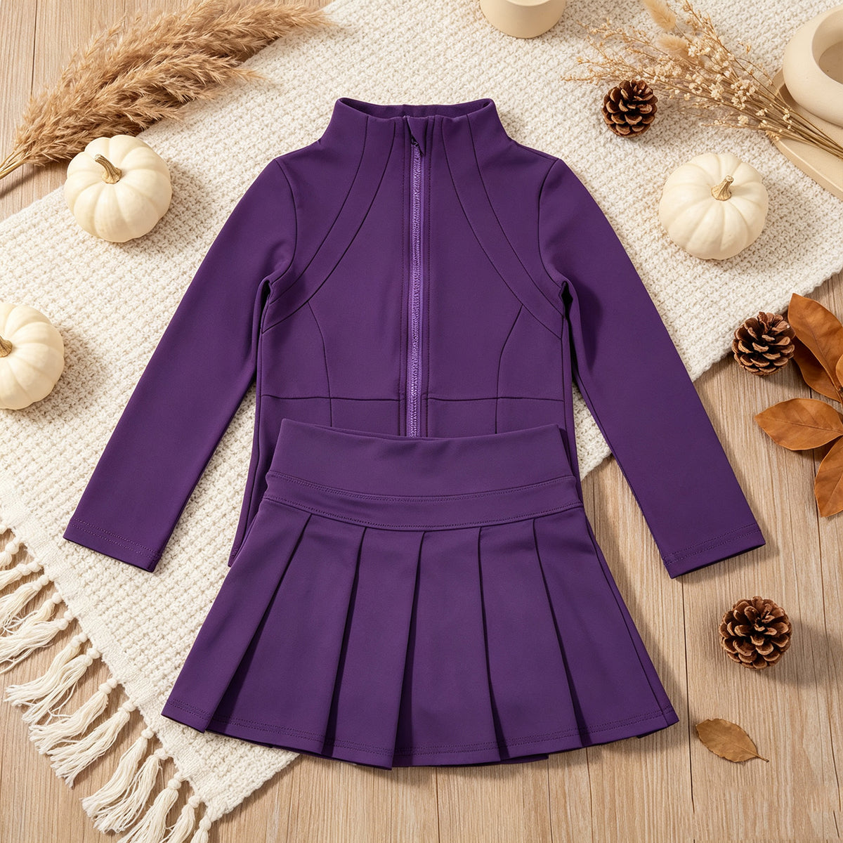 NEW RTS NO MOQ yoga fabric cotton GLD1704(GT1803+GLK0086) Yoga Toddler Girls Purple Zip  Long Sleeve Top Skorts Bottom Pleated Skirts Yoga Set