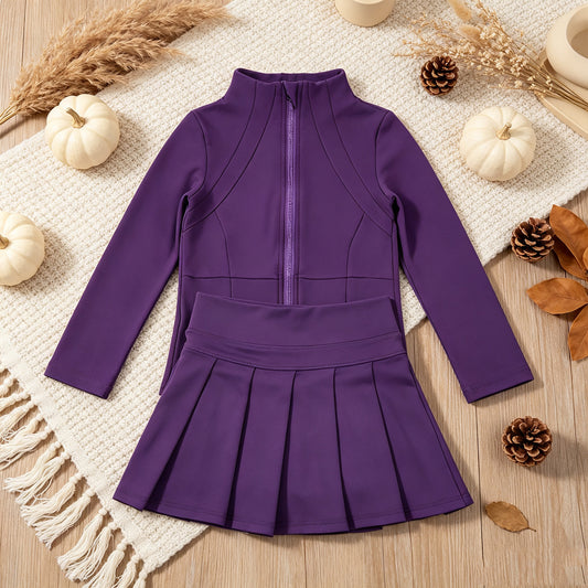 NEW RTS NO MOQ yoga fabric cotton GLD1704(GT1803+GLK0086) Yoga Toddler Girls Purple Zip  Long Sleeve Top Skorts Bottom Pleated Skirts Yoga Set