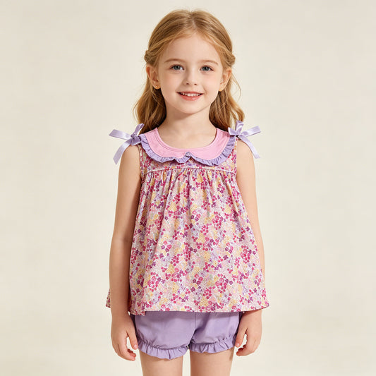 RTS NO MOQ GBO0507 Baby Girls Sleeveless Flowers Collar Tunic Bummies Outfit Set Cute Baby Girl Clothing Set