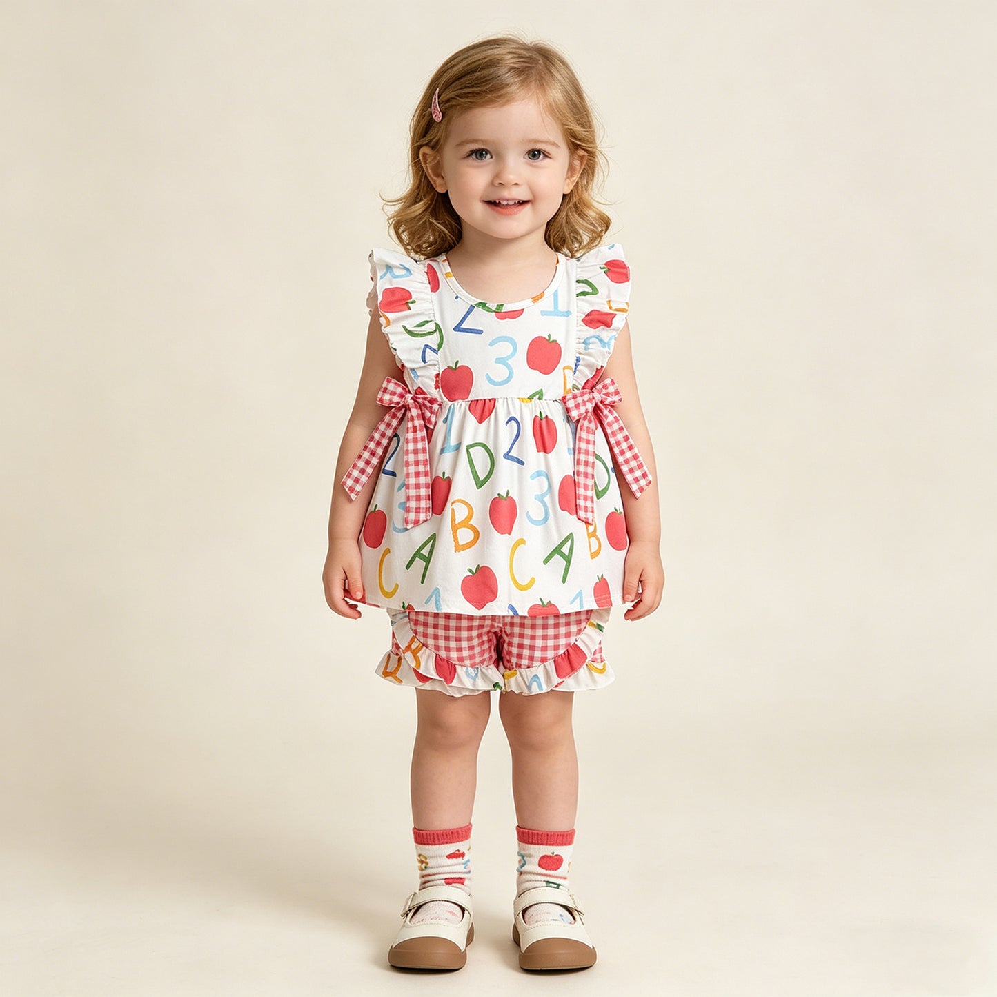 RTS NO MOQ GSSO3258 Infant Girls Cute Apple ABC Tunic Ruffle Short Back To School Clothes Set （2T-14-16T）