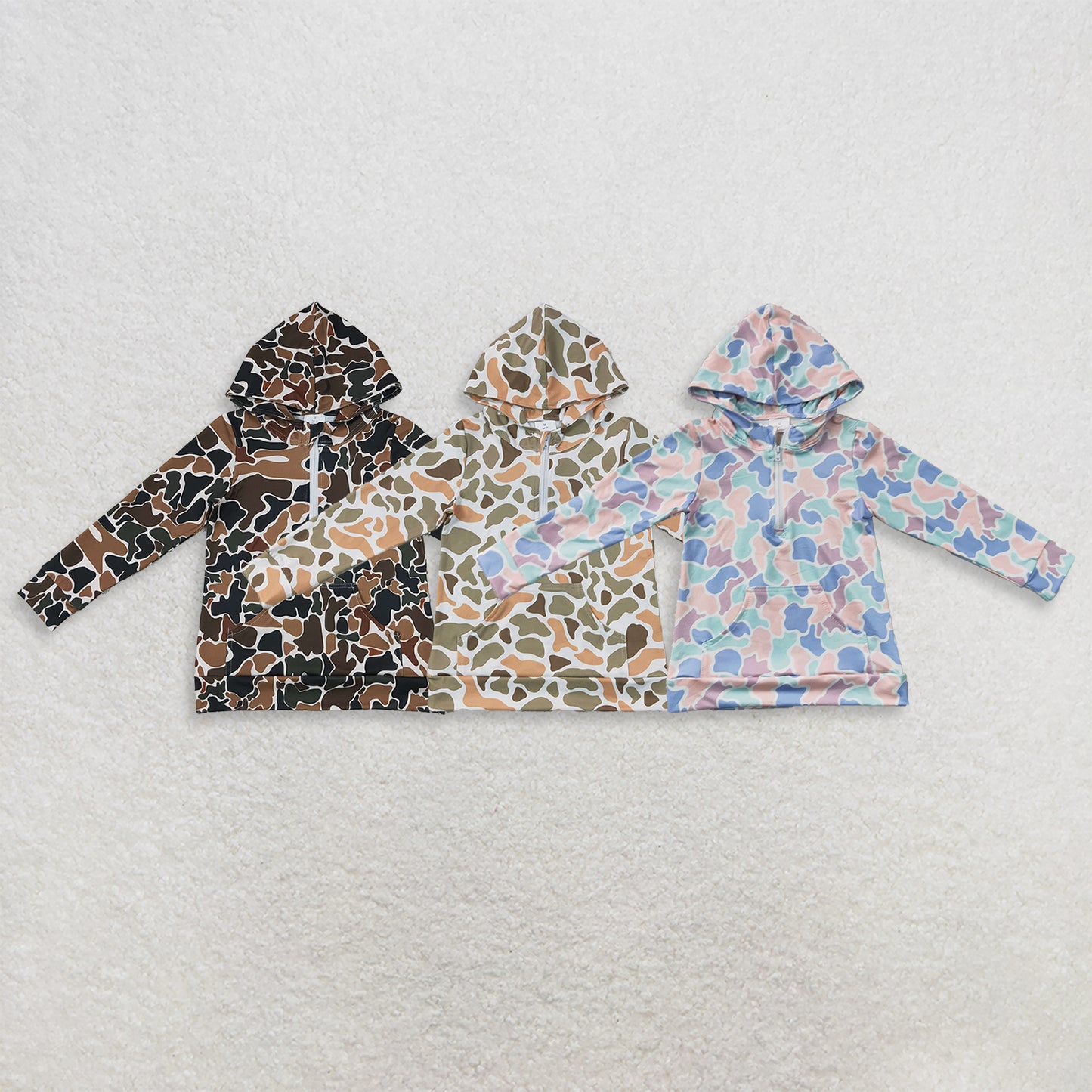 RTS NO MOQ Sibling milk silk Baby Boys Long Sleeve Camo Print Zip Pocket Hoodie Top
