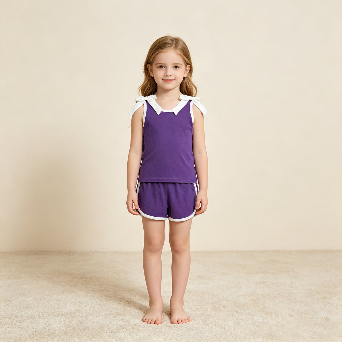 NEW RTS NO MOQ cotton GSSO3858 Baby Girls Purple White Bows Sleeveless Vest Top Short Sets