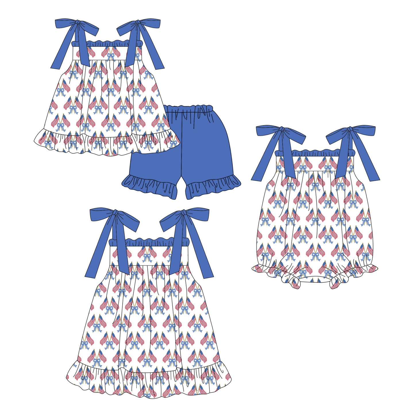 4.3 Custom moq 5 mix size Sibling Baby Girl's 4th of July Strap Top And Short Set Cute Romper Dress for Summer