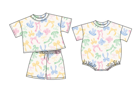 26.1.9 custom each style moq 5 eta 6-8week Sibling Sister bow baby girl short sleeve shorts sets and romper match design