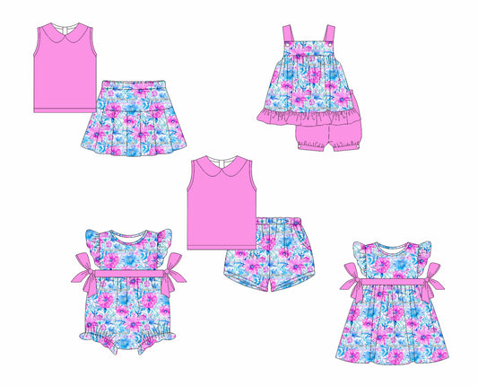 4.15 custom each style moq 5eta 4-6week Sibling Sisters floral baby girl short sleeve shorts sets 1 and sets 2 and skirt sets and dress and rompers match family design