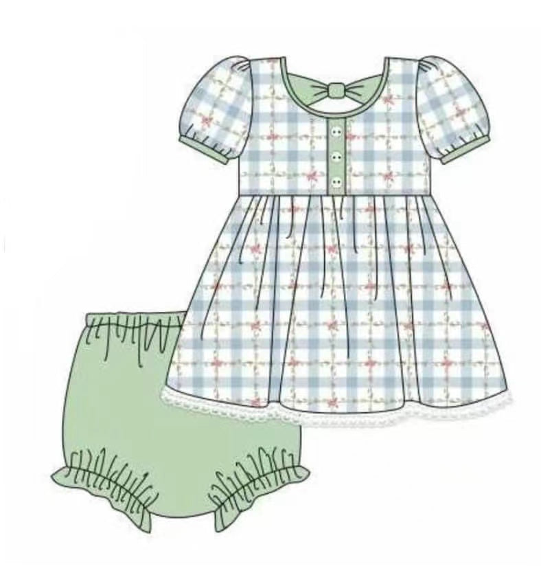 5.18custom each style moq 5eta 4-5week Sibling Sister blue plaid print green girls and boys outfits and baby romper and dress match family design