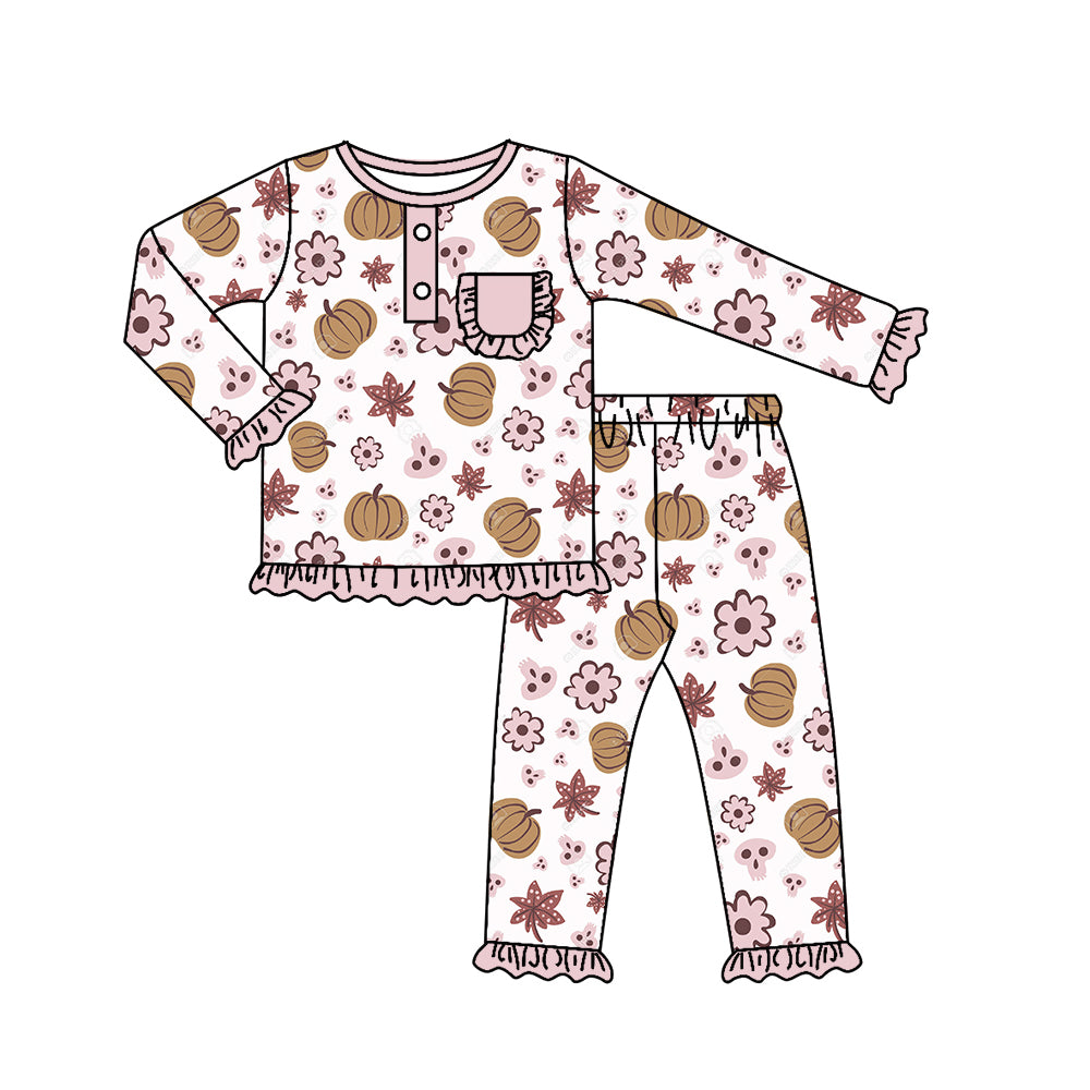 5.21custom each style moq 5eta 4-5week Sibling Sister pumpkin flower print white and pink lace girls set and dress and baby romper match family design