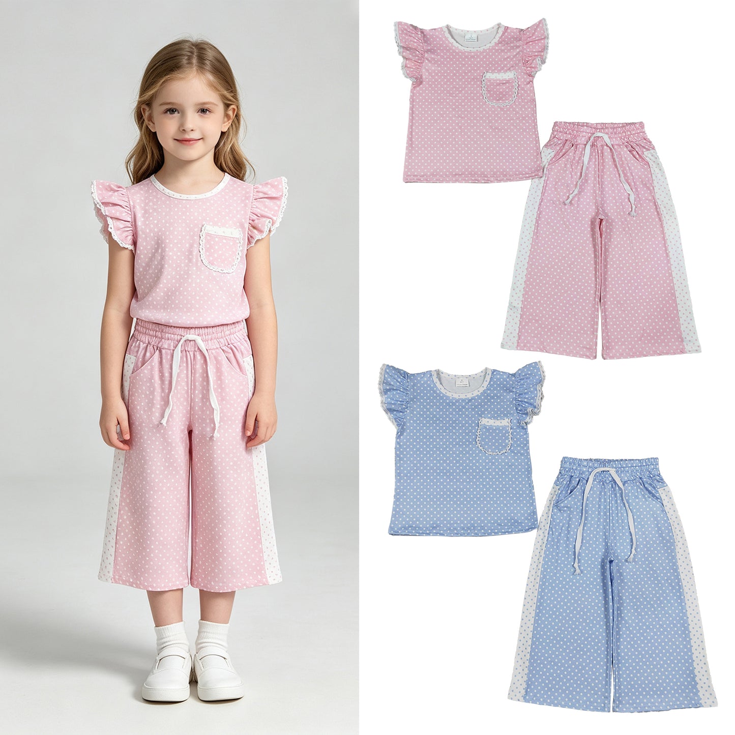 RTS NO MOQ Sibling milk silk Baby Girls Polka Dot Print Flutter Sleeve Pocket Top Matching Flare Pants Clothes Set