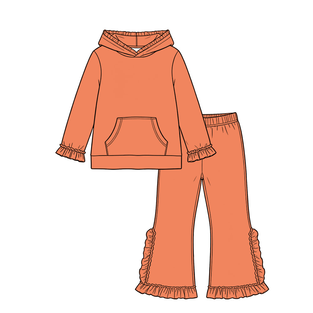 Custom moq 5 girls  Blank Cotton Fabric hooded long-sleeve top and pants set Orange hooded lace long-sleeved trousers suit