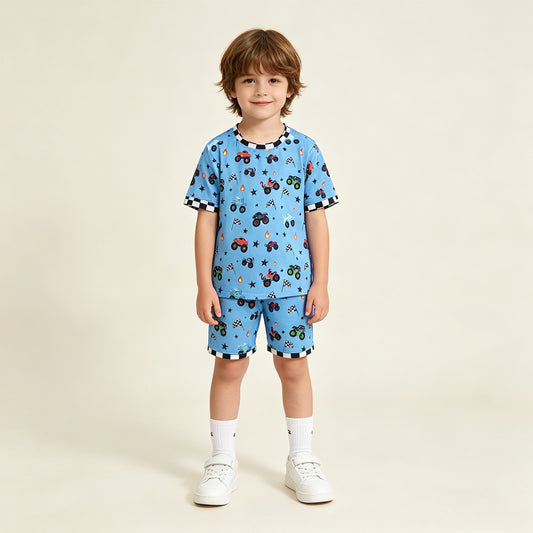 RTS NO MOQ milk silk BT1496+SS0736 Baby Boys 4th of July Car Flag Print Top And Shorts Set