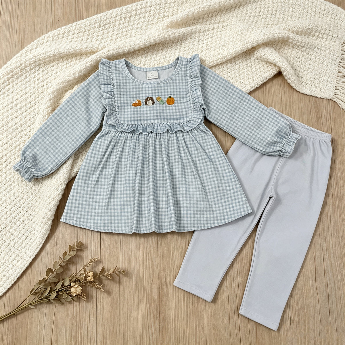 NEW RTS NO MOQ milk silk GLP3409 Embroidery Turkey Pumpkins Baby Girls Cute Tunic Leggings Thanksgivings Set