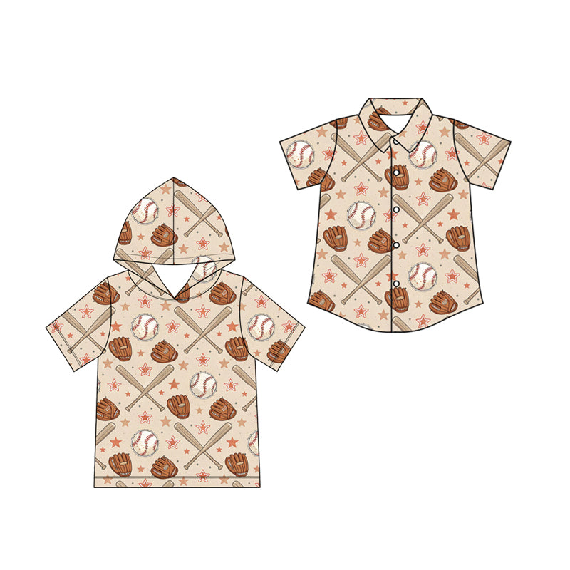 (Preorder new) No moq Toddler Boys Baseball Glove Bat Star Print Short Sleeve Hoodie Toddler Button Down Baseball Shirt