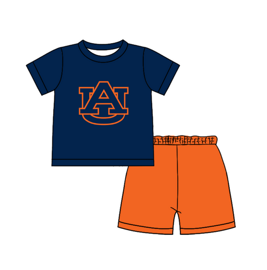 Custom moq 5 mix size milk silk summer teams Baby Boy's Navy blue  Short-Sleeved O-Neck Top And solid color Shorts Set