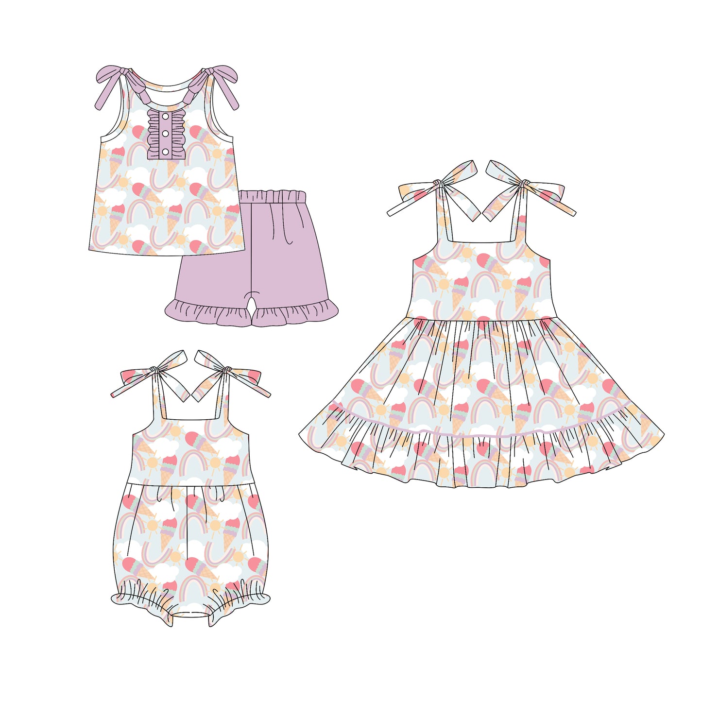 4.18 custom each style moq 5eta 4-6week Sibling Sisters ice cream baby girl short sleeve shorts sets and dress and rompers match family design