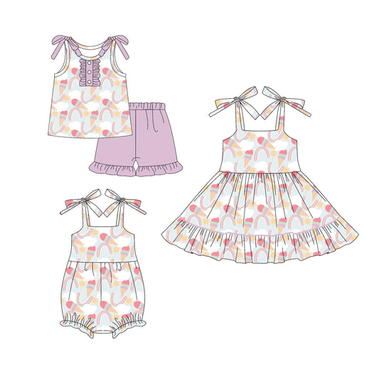 4.18 custom each style moq 5eta 4-6week Sibling Sisters ice cream baby girl short sleeve shorts sets and dress and rompers match family design