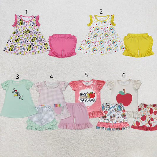RTS NO MOQ Sibling milk silk Baby Girls Apple Pencil Print Back To School Two Piece Ruffle Outfit