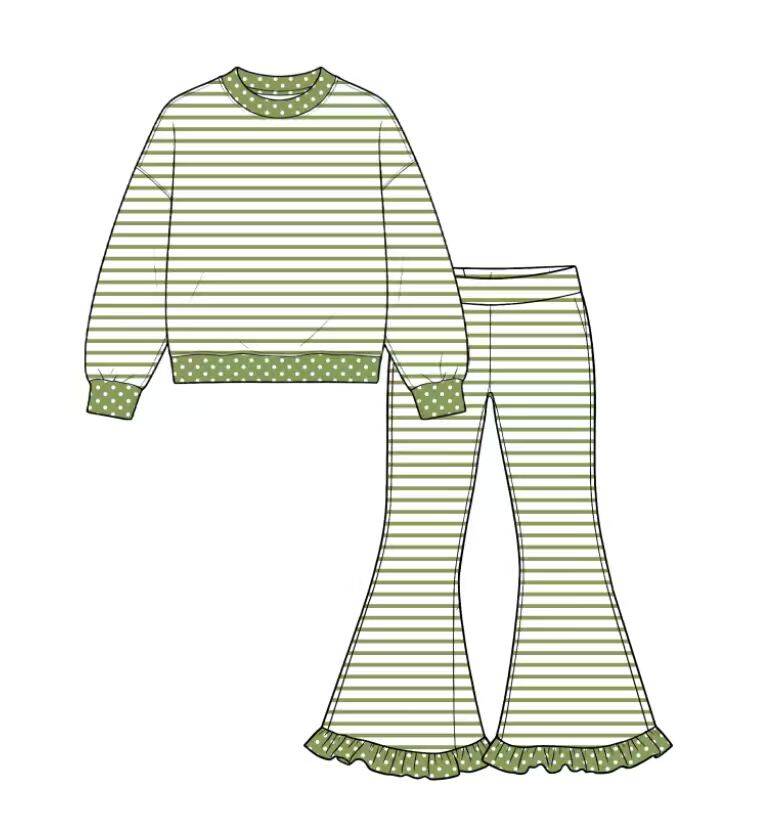 custom moq 5 mix size Baby Girls Green Stripe Polka Dot Long Sleeve Top And Ruffle Bell Bottom Pants Fall Outfit Set