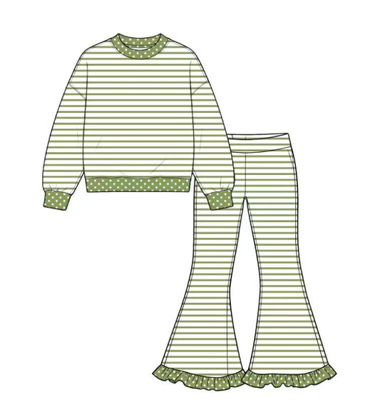 custom moq 5 mix size Baby Girls Green Stripe Polka Dot Long Sleeve Top And Ruffle Bell Bottom Pants Fall Outfit Set