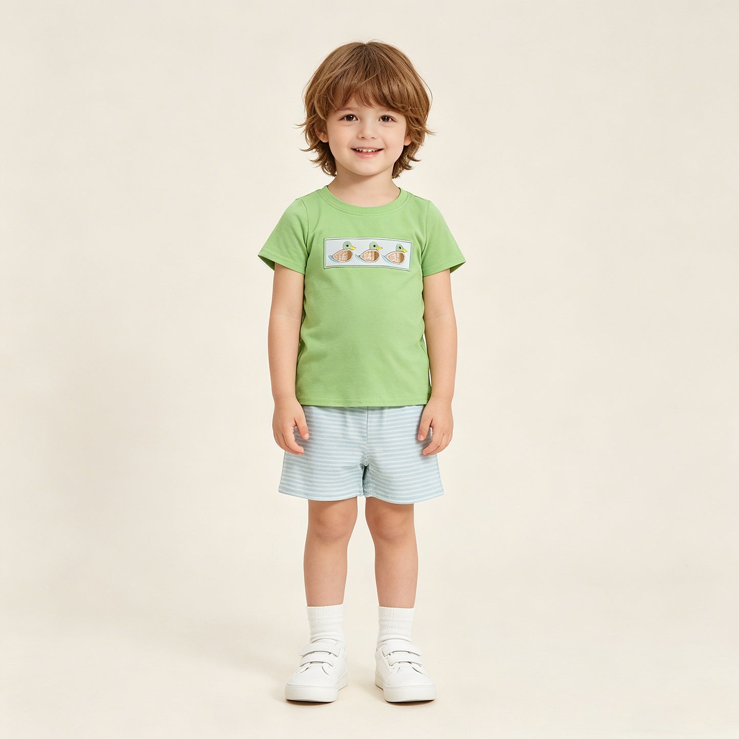 RTS NO MOQ milk silk BSSO1946 Baby Boys Hunting Duck Embroidery Striped Shirt And Shorts Set