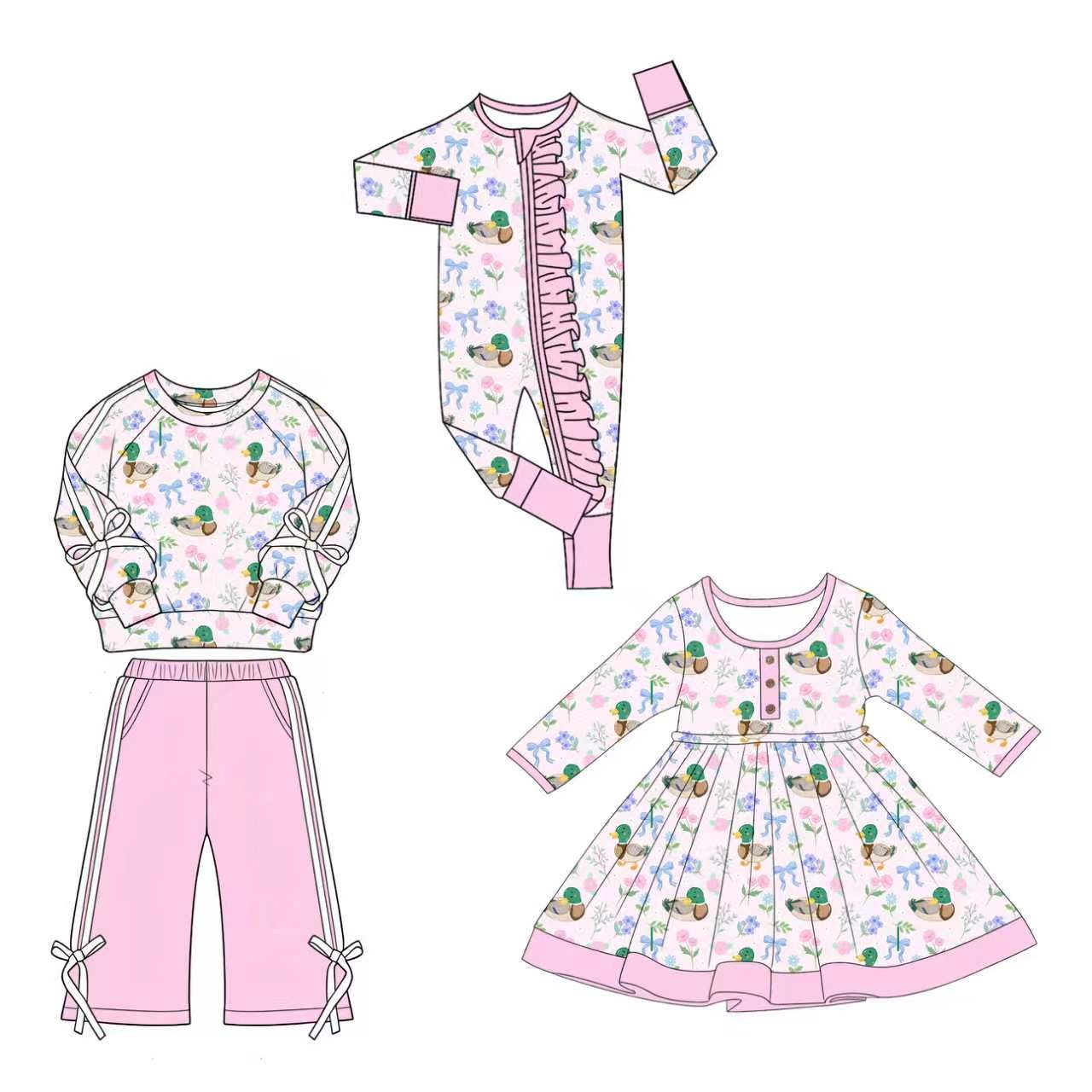 (Pre Order) No moq Baby Girls Cute Ducks Flowers Top Flare Pant Hunting Clothes Rompers Dress