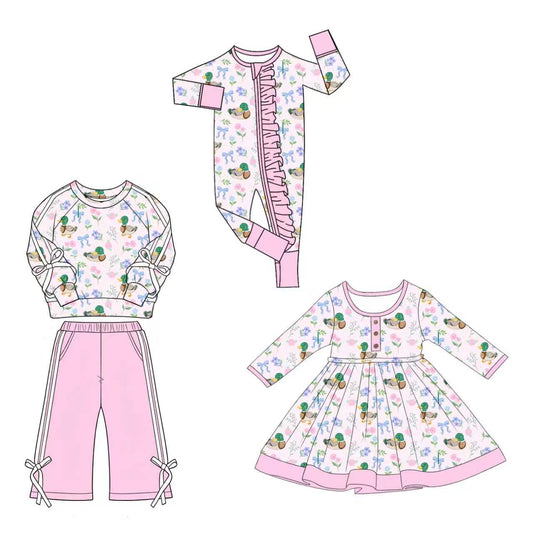 (Pre Order) No moq Baby Girls Cute Ducks Flowers Top Flare Pant Hunting Clothes Rompers Dress