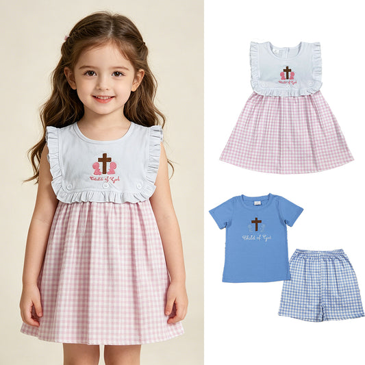 RTS NO MOQ Sibling Baby Boys Embroidery Child of God Top Checked Shorts Set Girls Pink Knee-Length Dress