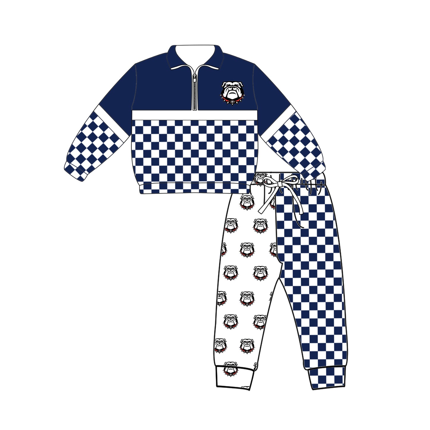 Custom moq 5 mix size summer teams Baby Plaid Long Sleeved Zip Up Top And Pants Set