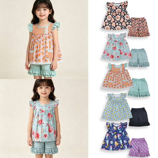 RTS NO MOQ Sibling Baby Girls Flowers Flutter Sleeves Tunic Ruffle Short Outfit Set