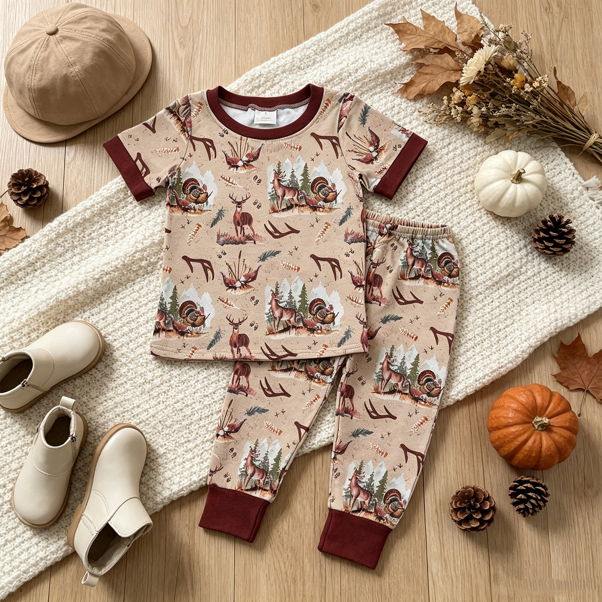 NEW RTS NO MOQ milk silk BSPO0494 Baby Boys Deer Turkey Short Sleeve Top Matching Pants Fall Winter Pajamas Set