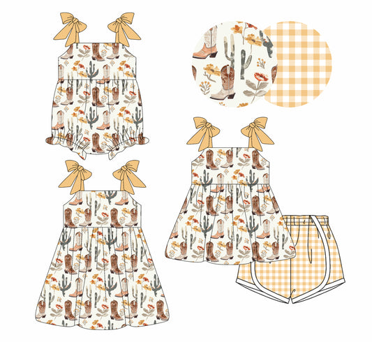 4.4 custom each style moq 5eta 4-6week Sibling Sisters boot floral catcus baby girl short sleeve shorts sets and dress and rompers match family design