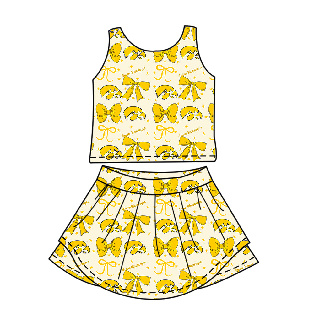 Custom moq 5 mix size milk silk summer teams baby girls clothes team bow yellow sleeveless skirts sets and dress 1 and dress 2 and dress 3-25.6.26