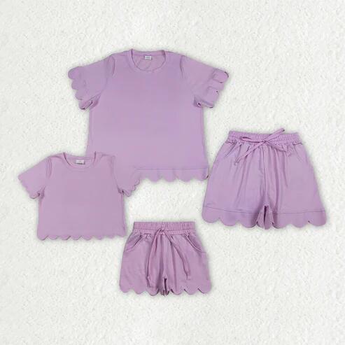 RTS NO MOQ Sibling  Mom And Me Pink Short Sleeve Top With Pockets Scallop Shorts Sets
