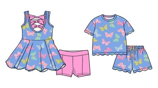 4.2 Custom moq 5 mix size Sibling Baby Girls Butterfly Sleeveless Back Bows Scallop Tunic Shorts Matching Short-Sleeved Shorts Scallop Set
