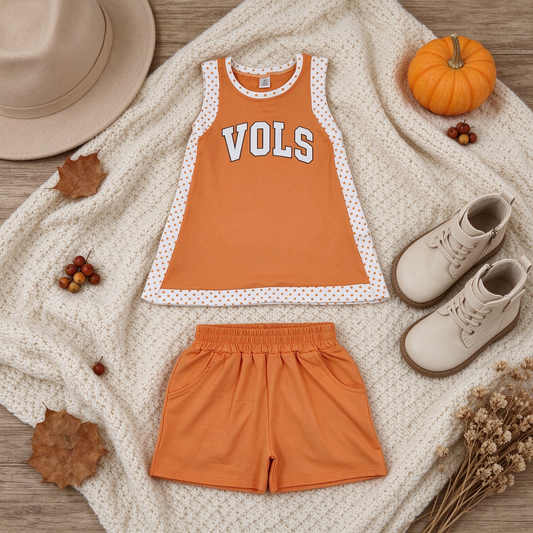 NEW RTS NO MOQ yoga fabric GSSO3852(GSD4292+SS0980) Baby Girls Orange Polka Dots Split Tunic Short Yoga Team Sets