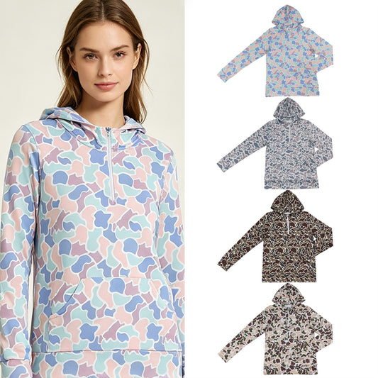 RTS NO MOQ Sibling milk silk Adult Women Camo Print Zip Pocket Long Sleeve Hoodie Top