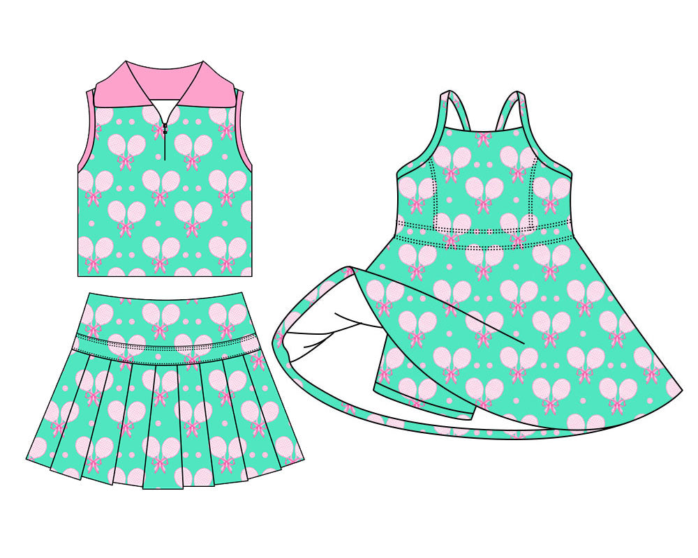 4.13 Custom moq 5 mix size Sibling Baby Girls Sleeveless Bow Tennis Zip Top with Pleated Skirt Shorts Sets Yoga Active Short Knee Length Dress