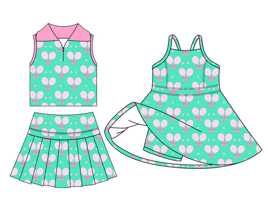 4.13 Custom moq 5 mix size Sibling Baby Girls Sleeveless Bow Tennis Zip Top with Pleated Skirt Shorts Sets Yoga Active Short Knee Length Dress